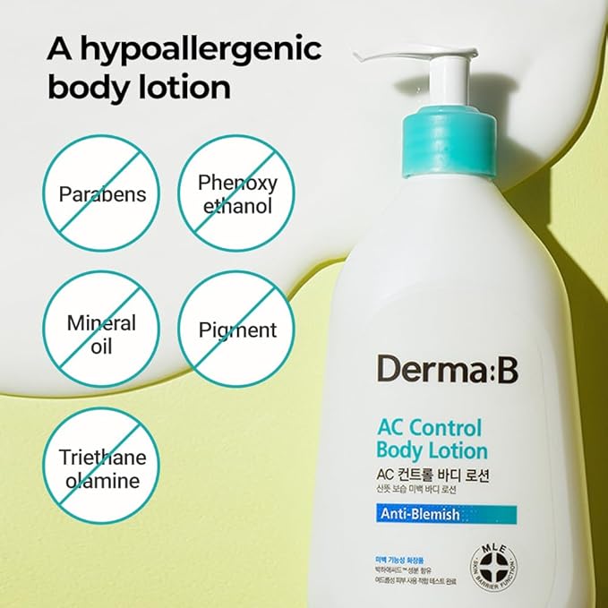 Derma B | AC Control Body Lotion | Moisturizer for Anti-Blemish & Pimples | Water-Oil Control | Hypoallergenic Solution for All Skin Types | Body Cream for Soothing & Refreshing | 13.52 fl oz (400ml)