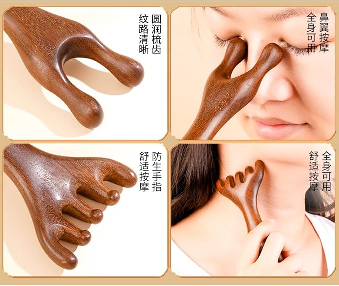 Golden Sandalwood Massager Tool Eye Massage Device Scalp Gua Sha Wooden Comb Forehead Massage Tools with Gift Box (6 Claws)