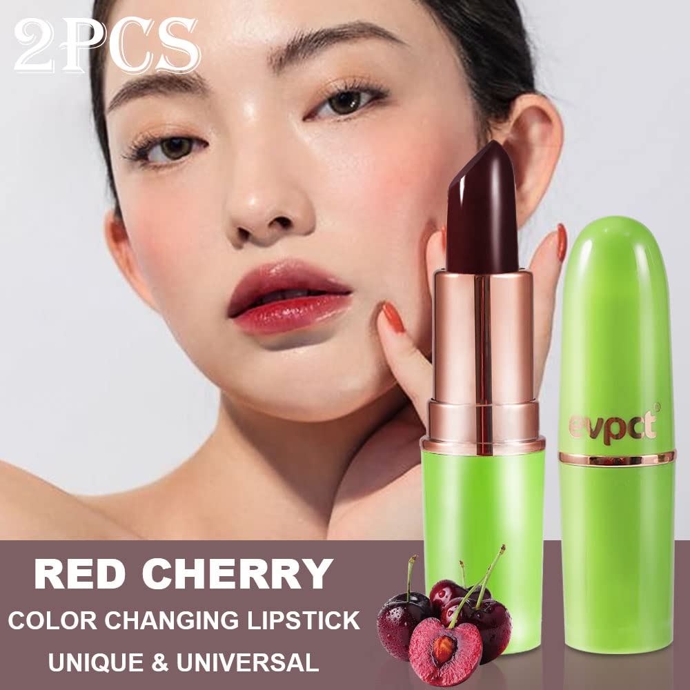 evpct 2Pcs Black Red Cherry Magic Mood Color Changing Lipstick Long Lasting 24 Hours Original for Women, PH Color Change Changing Jelly Lipstick Tinted Lip Balm Stain Gloss Makeup Set, labial magico