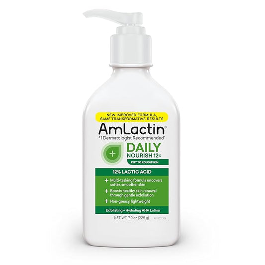 AmLactin Daily Moisturizing Lotion for Dry Skin, 7.9 oz Pump Bottle, 2-in-1 Exfoliator - Body Lotion with 12% Lactic Acid, Dermatologist-Recommended (Packaging May Vary)