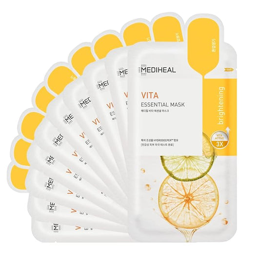 Mediheal Best Korean Sheet Mask - Vita Essential Face Mask 10 Sheets Vitamin Mask For All skin types Smoothing Tightening Toning up Brightening