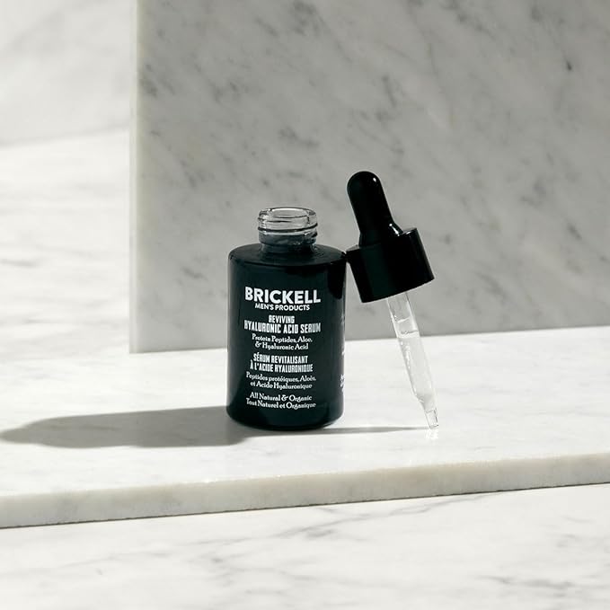 Brickell Men's Anti Aging Hyaluronic Acid Serum for Face, Day Face Serum for Men, Natural & Organic Facial Serum With Protein Peptides to Restore Collagen and Firmness, 1 Ounce, Unscented