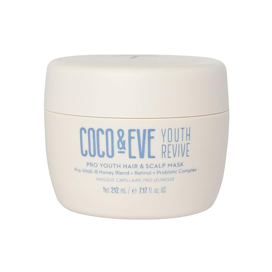 Coco & Eve Pro Youth Hair & Scalp Mask. Anti-aging, strength, shine, volume. Regulate dandruff. With honey, retinol for youthful hydrated hair.