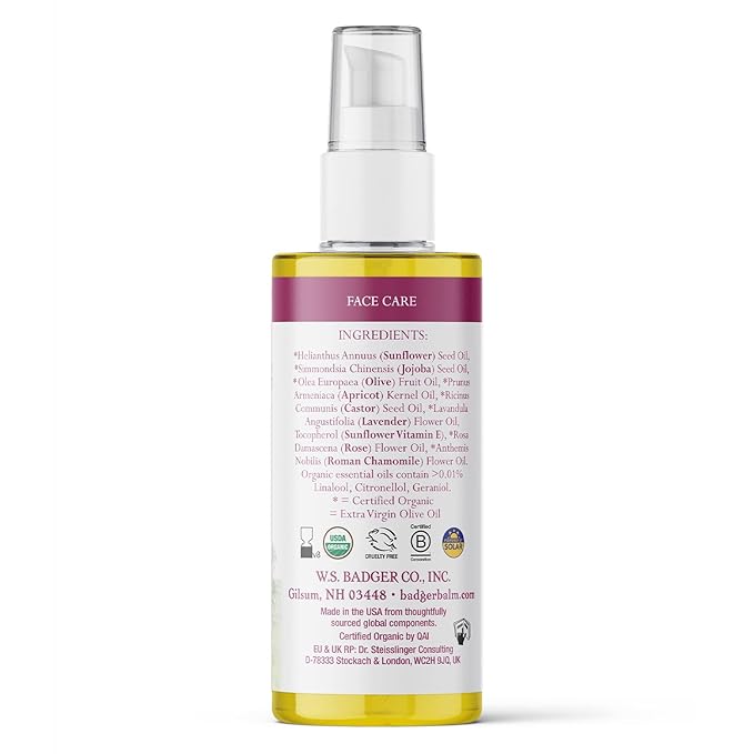 Badger Rose Face Cleansing Oil, Organic Facial Cleanser & Makeup Remover, Non-Greasy Moisturizing Skin Balancing Gentle Face Cleanser w/Pure Rose Oil, 2 fl oz Glass Bottle