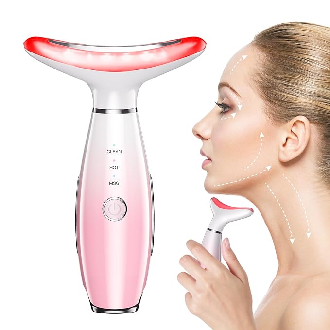 Neck Face Massager, Skin Care Face Massage Tool, 3-in-1 Facial Massager, Face Sculpting Tool with Thermals, Vibration (Pink)
