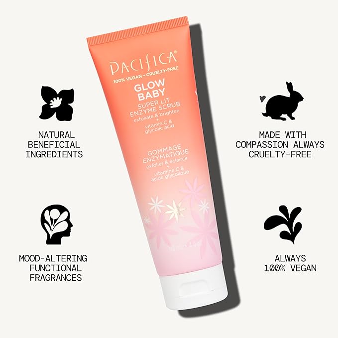 Pacifica Face Scrub - Glow Baby Super Lit Enzyme Scrub Mini, Skincare, Exfoliating Face Wash, Vitamin C, Glycolic Acid, Pore Cleaner, For Soft and Smooth Skin, Vegan, Travel Size, 1.4 fl oz (1 Count)