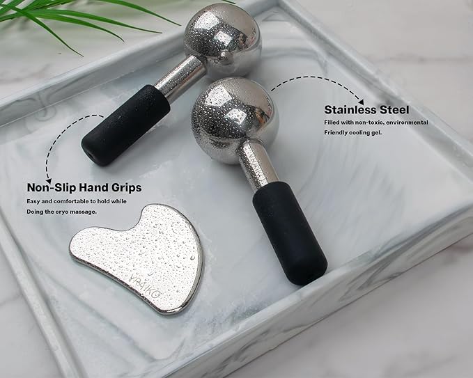 ICE Globes for Facials & Gua Sha Set, Gua Sha Facial Tools and Cryo Sticks with Unbreakable Steel, Face Massager Cooling Rollers for Dark Circles, Puffiness and Lymphatic Drainage (Black)