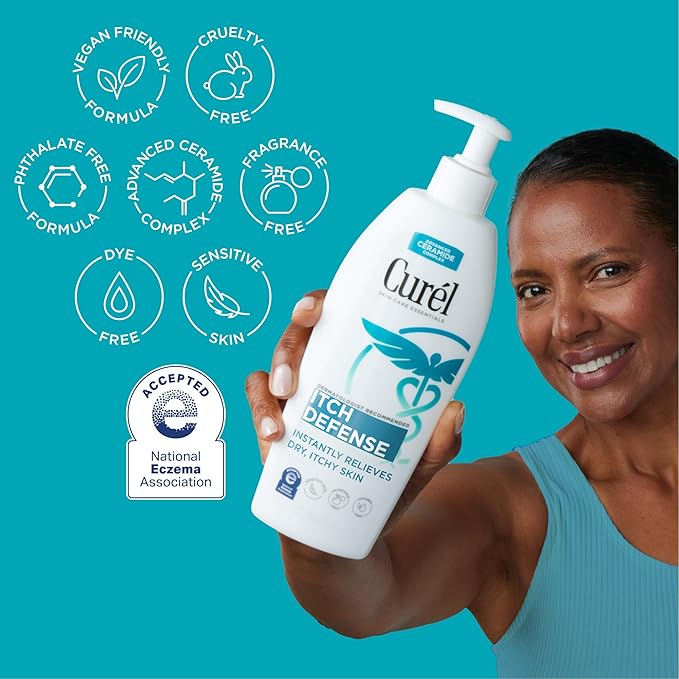 Curel Itch Defense Calming Body Lotion, Moisturizer for Dry, Itchy Skin, Body and Hand Lotion, with Advanced Ceramide Complex, Pro-Vitamin B5, Shea Butter, 20 Oz