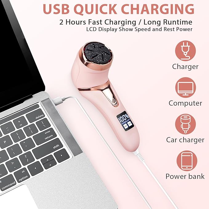 Electric Callus Remover for Feet (with Vacuum Cleaner), Rechargeable Foot Callus Remover Pedicure Tools Foot File, Professional Foot Care Kit Deadskin Remover with 3Heads&2Speed,LCD Display-Pink
