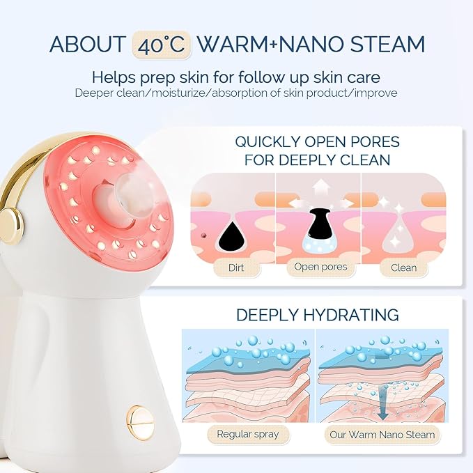 Facial Steamer,with 7 Colors Led Light,Face Steamer for Facial Deep Cleaning,Warm Mist Nano Ionic Steamer for face,Steam Humidifier,Facial Steamers Home Facial spa, Gift for Women（Gold with Light）