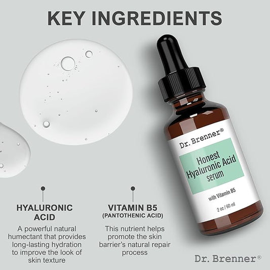 2 oz. Hyaluronic Acid Serum For Skin, Made with 100% Pure Hyaluronic Acid, Plumping, Anti-Aging, Hydrating, Moisturizing HA Serum With Vitamin B5 by Dr. Brenner (2 oz)