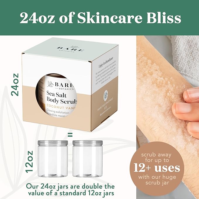 Bare Botanics Coconut Coffee Body Scrub 24oz | Made in Madison, WI | All Natural Sea Salt Exfoliator w/ Skin Loving Moisturizers | Vegan & Cruelty Free | Gift Ready Packaging w/ a Cute Wooden Spoon