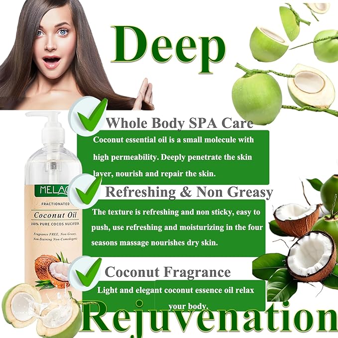 Elitzia Coconut Oil Hair Spa Skin Care NaturalMassage Oil Conditoner Liquid Skin Pure Nourish Moisturier Makeup Remover Fix Flyaways Versatile Base Oil Face Body 16fl.oz/473ml