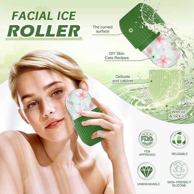 Facial Ice Roller, Face and Eye Massage Tool, Silicone Ice Mold, Gua Sha, Green