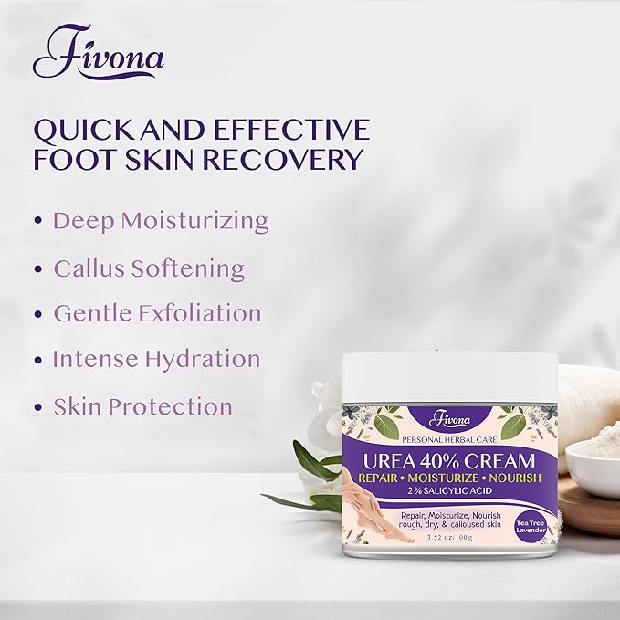 Fivona Foot Care Kit 4 in 1 - Foot Soak Blend with Epsom Salt, Lavender and Essential Oils - Collapsible Foot Soak Basin - 40% Urea Cream for Hard, Dry Skin - Dual Action Foot File
