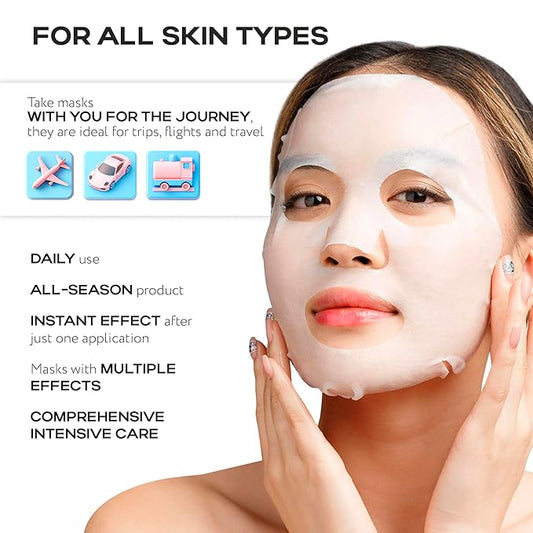 Complete Korean Face Mask Pack of 30 Hydrating Sheet Masks for All Skin Types | Refreshing, Moisturizing, Exfoliating, Anti Aging Face Masks Skincare | Vitamin C, Collagen, Retinol, Hyaluronic Acid