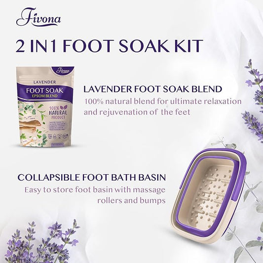 Fivona Foot Care Kit 2 in 1 - Foot Soak Blend with Epsom Salt, Lavender and Essential Oils - Expandable Foot Soak Basin - Pedicure Spa Soak for Tired Feet, Cracked Heels, Stubborn Foot Calluses