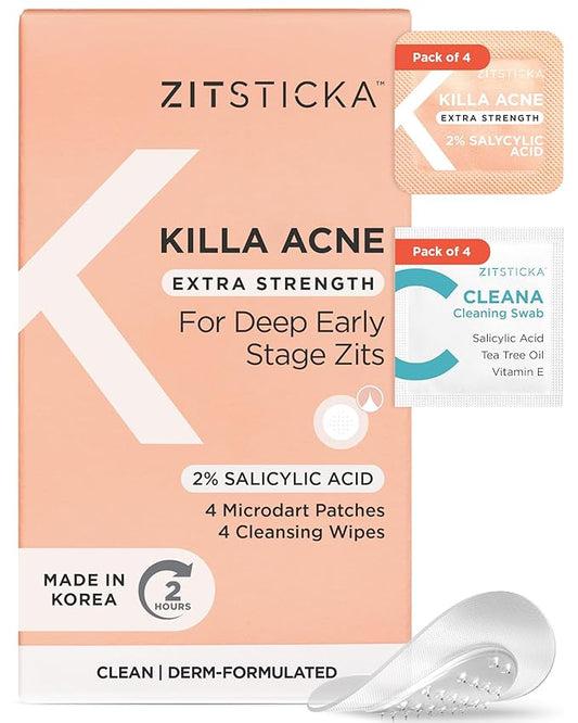 ZitSticka Extra Strength Killa Acne Patches for Face - World's Most Potent Pimple Patch with Fast-Acting Microdarts - Starts Working within 2 Hours for Deep, Early-Stage Zits & Blemish - 4 Count