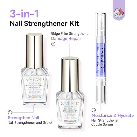 SAVILAND 3-in-1 Nail Strengthener Kit: Ultra Repair Nail Growth and Strengthener with Vitamin E Castor Oil Nail Strengthener for Damaged Nails Care Kit for Repairing Nourishing Weak Brittle Nail Home