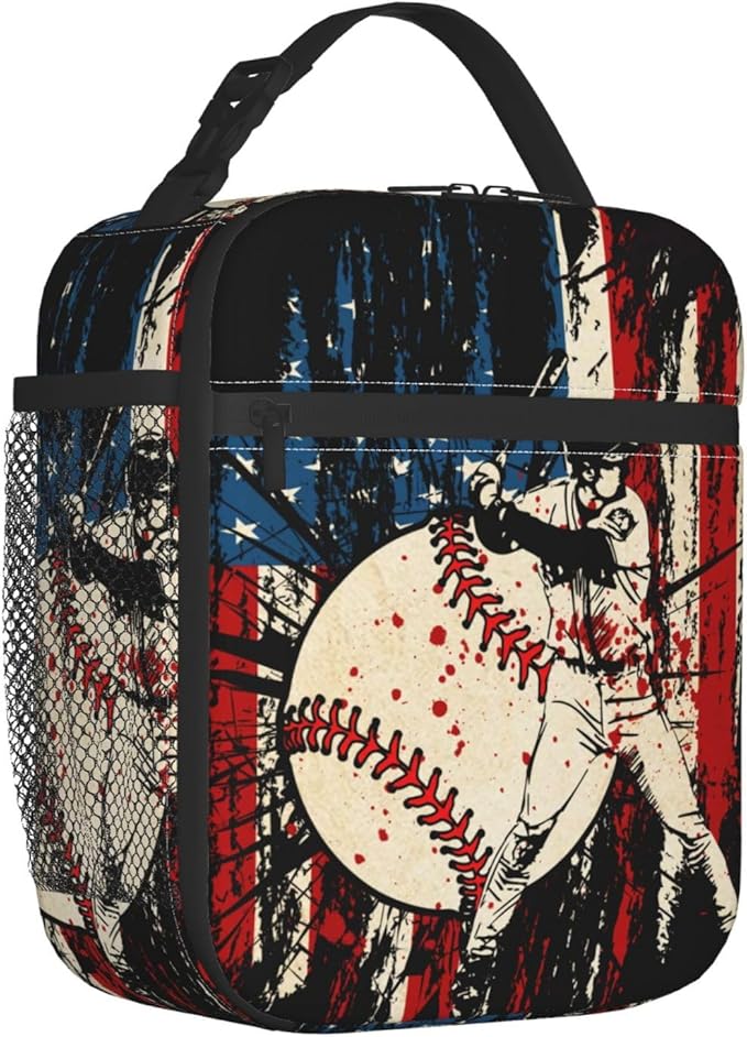 Baseball Stitches American Flag Insulated Lunch Bag, Baseball Sport Lunch Box Tote Cooler Reusable Lunch Pail Adjustable Shoulder Strap and Side Pocket Outdoors Meal Bag For Women