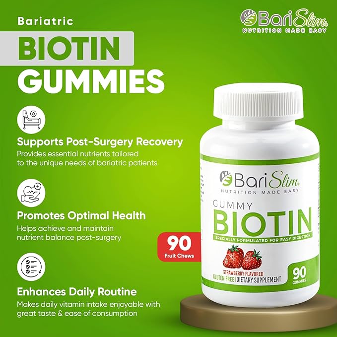 BariSlim Bariatric Vitamin Biotin Gummies - Specially Formulated Gummy Vitamin for Patients After Weight Loss Surgery - Easy to Digest and Great Tasting Fruit Flavors | 90 Fruit Chews