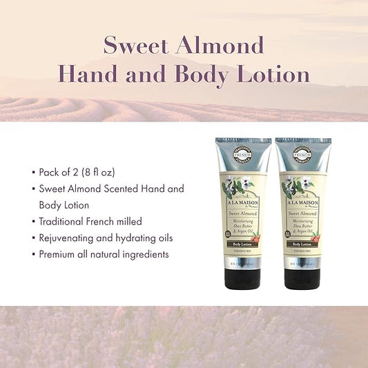 A LA MAISON Moisturizing Lotion, Sweet Almond - Uses: Hand and Body, Argan Oil, Pure Shea Butter, Essential Oils, Plant Based, Cruelty-Free, SLS and Paraben Free (8 Oz, 2 Pack)