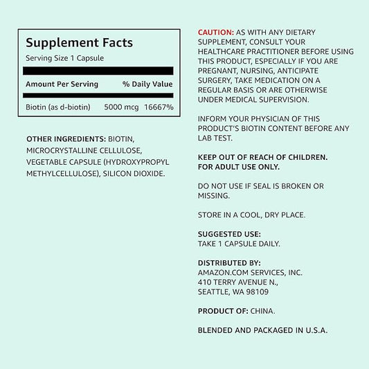 Amazon Elements - Biotin, 5000 mcg, Vegan, Helps maintain hair growth, healthy skin, and nails, 130 Capsules (4 month supply) (Packaging may vary)