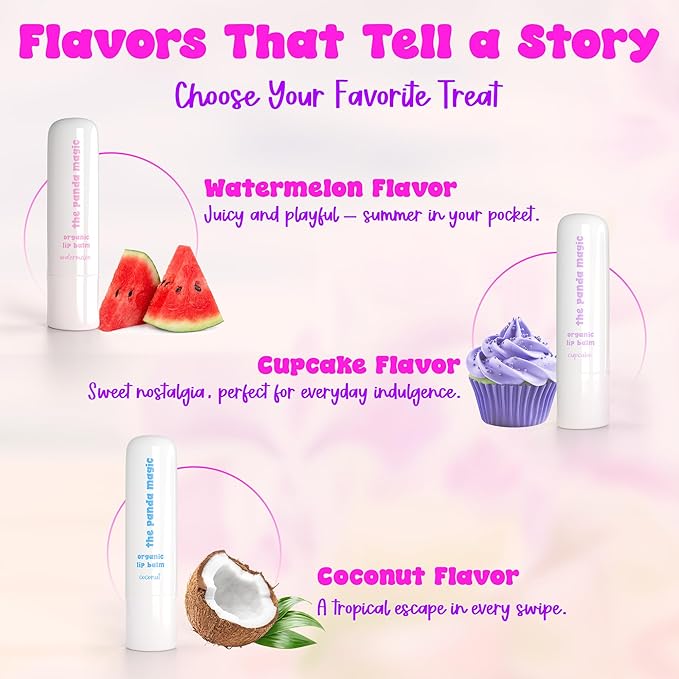 Organic Lip Balm Set- All-Natural, Moisturizing, Soothing Lip Mask and Hydrating Lip Treatment for Chapped Lips - Delicious Watermelon, Vanilla Cupcake, and Coconut Flavor