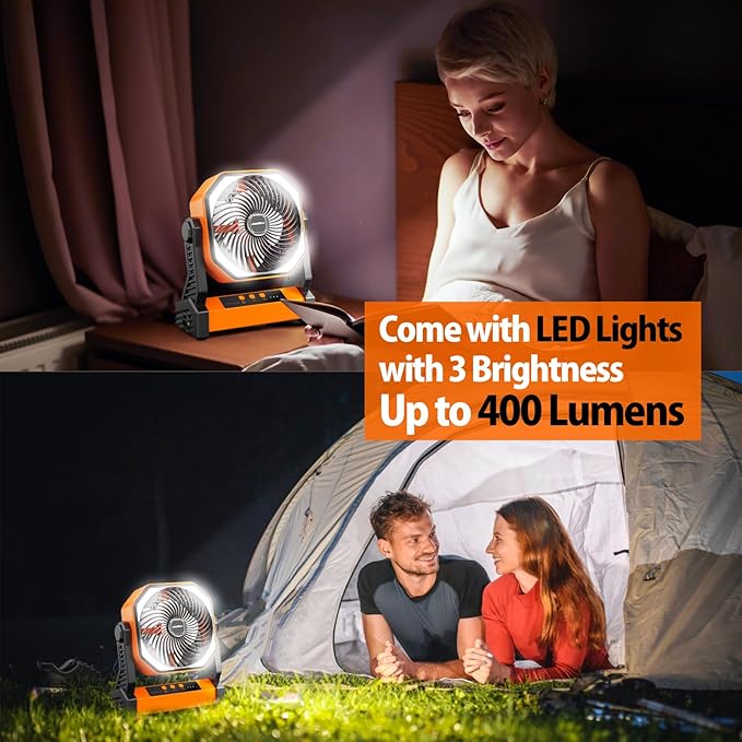20000mAh Camping Fan, Rechargeable Portable Fan with 400 Lumes Light, 360° Rotatable Hook, 270° Pivot, 4 Speeds, 58Hrs Battery Powered for Tent Car Trip Outdoor BBQ Hurricane Power Outages