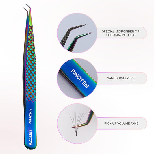 Curacoro Lash Tweezer - Professional & Precision Fiber Tip Grip Lash Tweezers for Eyelash Extensions, Multi Shapes & Purposes Tweezers for Volume, Isolation & Classic Lashes (Galaxy, Pinch'em)
