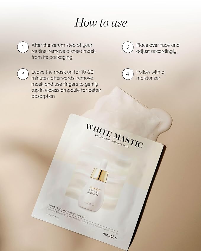 MASTINA White Mastic Ampoule Sheet Mask (4pc) Illuminating, Radiance-Boosting. Ultra-Moisturizing Facial Mask. Intensive Korean Skin Care. Fermented Mastic Gum