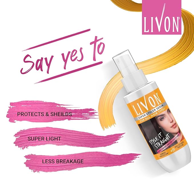 Livon Hair Serum for Men & Women | Frizz-free & shinier hair | Sulphate & Paraben free| For All Hair Types | Lightweight & Non Greasy | For Hair Straightening | 5X Less Hair Breakage | 3.3 Fl.oz.