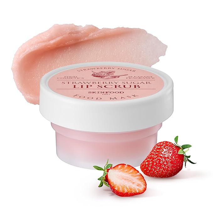 SKINFOOD Strawberry Sugar Lip Scrub Mask, Exfoliating Lip Care, Hydrating Korean Lip Product for Soft & Smooth Lips, Deep Nourishment Mild Sugar Scrub Vegan (0.71 fl. Oz.)