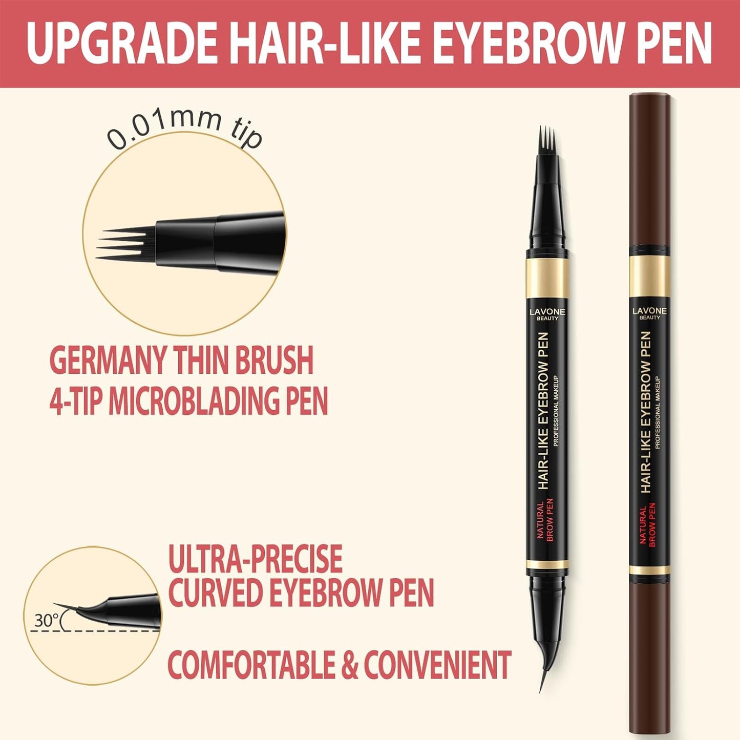 LAVONE Eyebrow Pen, 2-in-1 Eyebrow Pencils for Women with 4 Tip Microblading Eyebrow Pencil and Curved Precise Brow Pencil, Waterproof Eyebrow Pencil Create Full, Natural Hair-Like Brows, Soft Brown