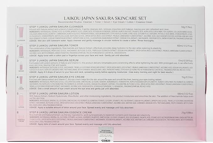 Skin Care Set JAPAN SAKURA Women Beauty Gift Sets Skin Care Kit with Cleanser, Toner, Lotion, Serum, Eye Cream, Face Cream Travel Kit for Women Teen Girls Mom Daughter TSA-friendly Sizes 6pcs