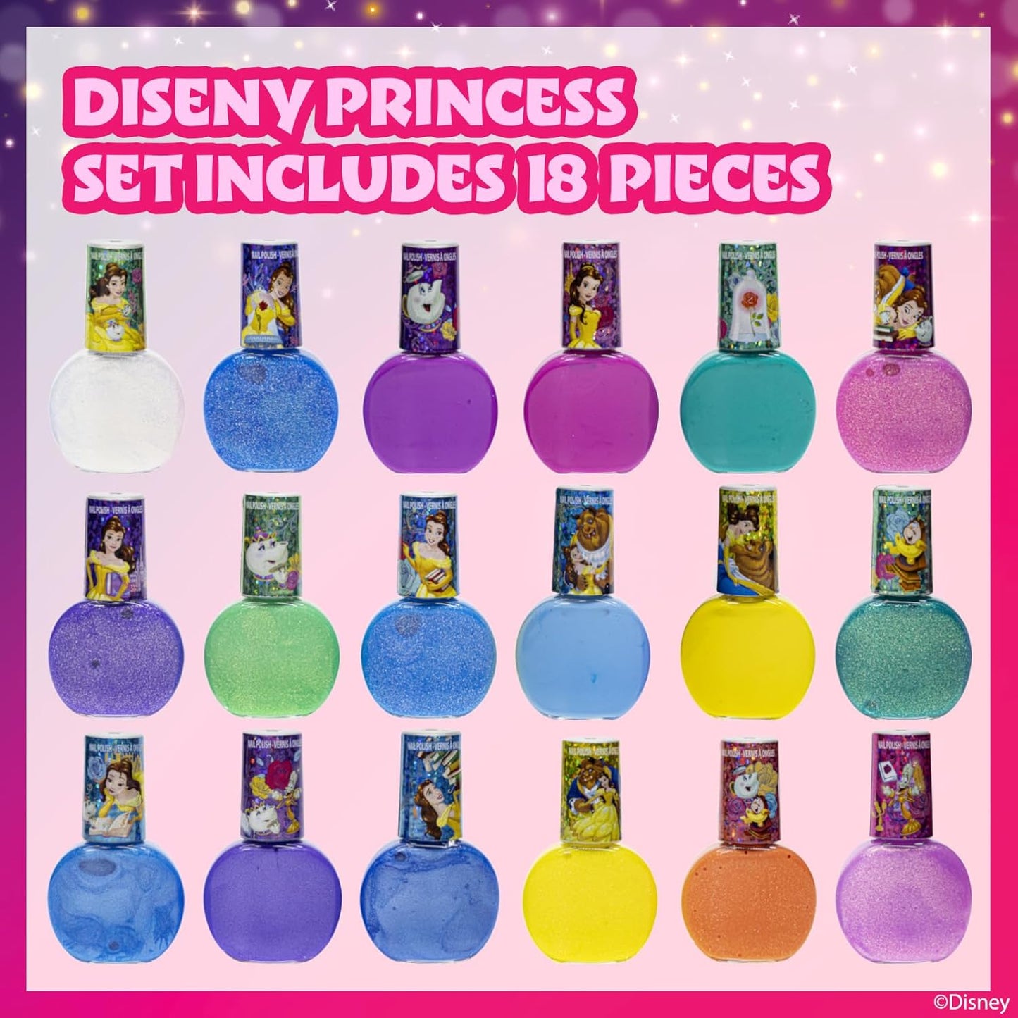 Townley Girl Disney Princess Belle 18 Piece Water-Based Nail Polish Set, Quick Dry and Peels-Off, Nail Paint Set for Girls, Perfect for Parties, Sleepovers and Makeovers, Ages 3