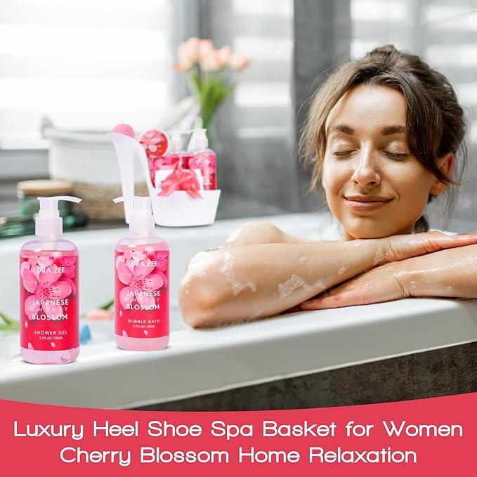 Draizee Mothers Day Gifts for Mom - Spa Gift Baskets for Women - 8 Pcs Luxury Cherry Blossom Scented Heel Shoe Design Bath and Body Spa Set-Self Care Package for Women, Presents for Mom, Body Care Set