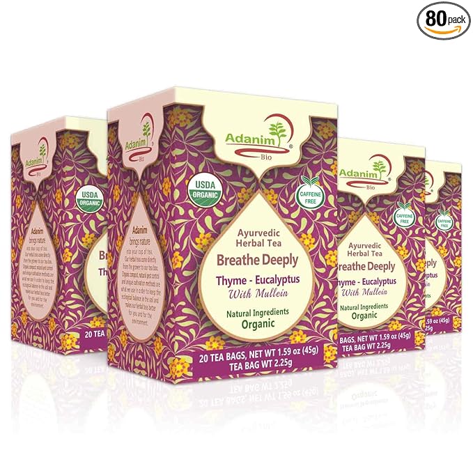 Adanim Bio Thyme Tea, Value Pack 80 Teabags with Organic Mullein Leaf and Eucalyptus Tea, Enhanced Respiratory and Lung Health, Caffeine Free Thyme Tea Bags