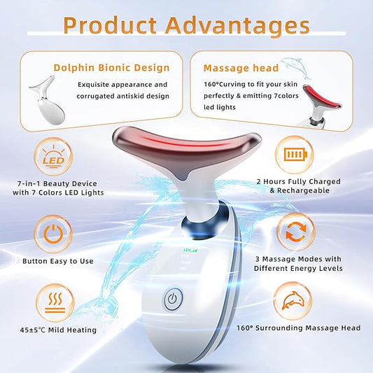 Facial Beauty Device, Based on Triple Action LED, Thermal, and Vibration Technologies for Skin Care, Facial Skin Care Tools, 7 Color Led Face and Neck Beauty Device for Home Use