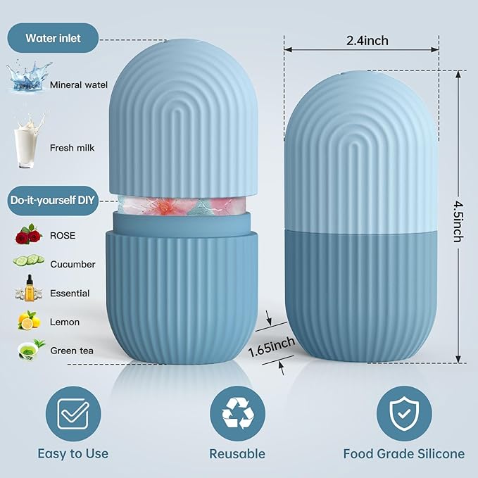 Ice Roller for Face and Eye，Ice Cube Roller Massager for Skin Women Care Tools, Naturally Conditioning De-Puff Eye Bags, Reduce Migraine Pain， Reusable Massage Silicone Ice Mold （Blue）