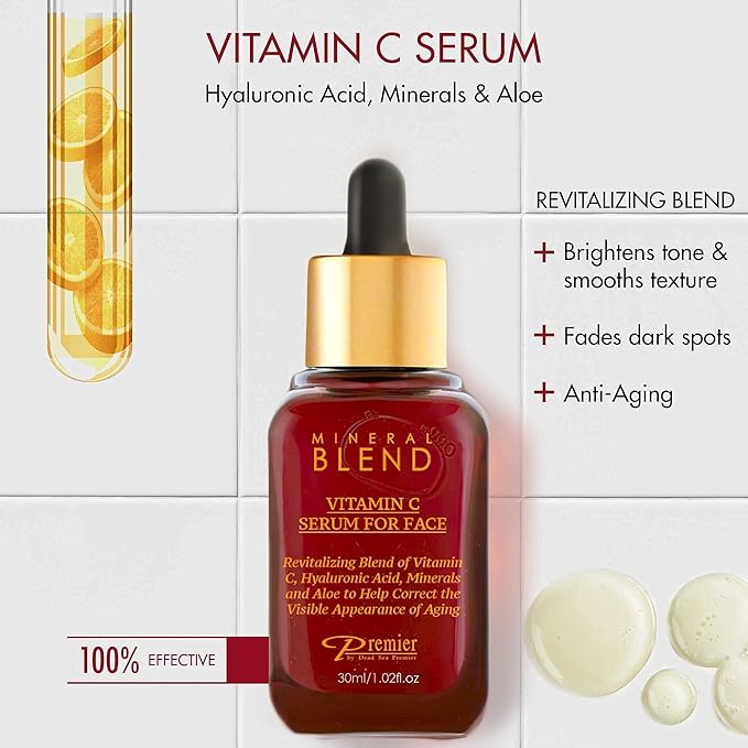 Vitamin C Serum for Face with Hyaluronic Acid & Rose Hips oil - Natural & Organic Anti Aging facial serum, Mineral Blend by Premier Dead Sea 1.02 Fl Oz