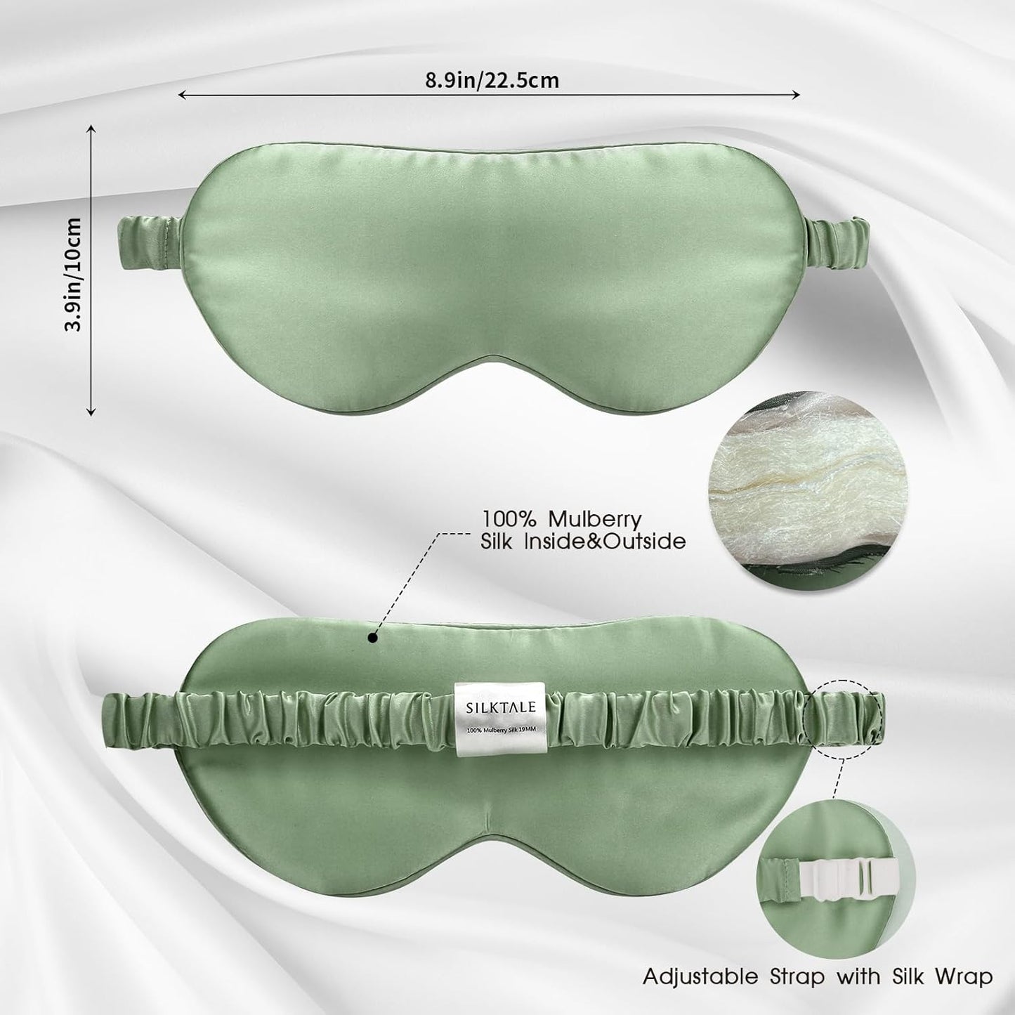 100% Mulberry Silk Eye Mask for Sleeping with Silk Wrapped Adjustable Strap,Sage Green