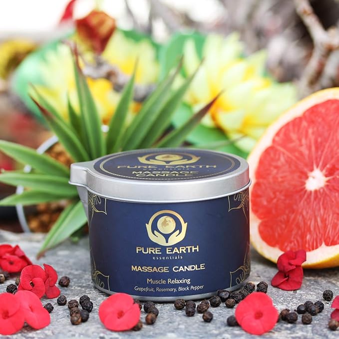Muscle Relaxing Massage Oil Candle - Valentines Gift, Scented Massage Oil Candles for Relaxation and Home Spa (160 Grams or 6 oz.) - with Grapefruit, Rosemary, Black Pepper - by PURE EARTH essentials