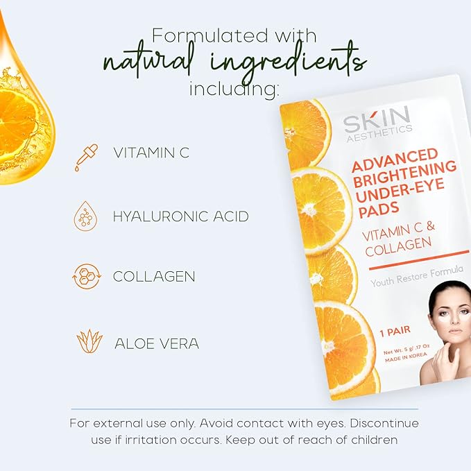 Vitamin C & Collagen Under Eye Patches - Reduces Dark Circles, Wrinkles & Crow's Feet, Brightening - Dermatologist Tested Korean Skincare - Clean Beauty, Cruelty-Free - 5 Pairs