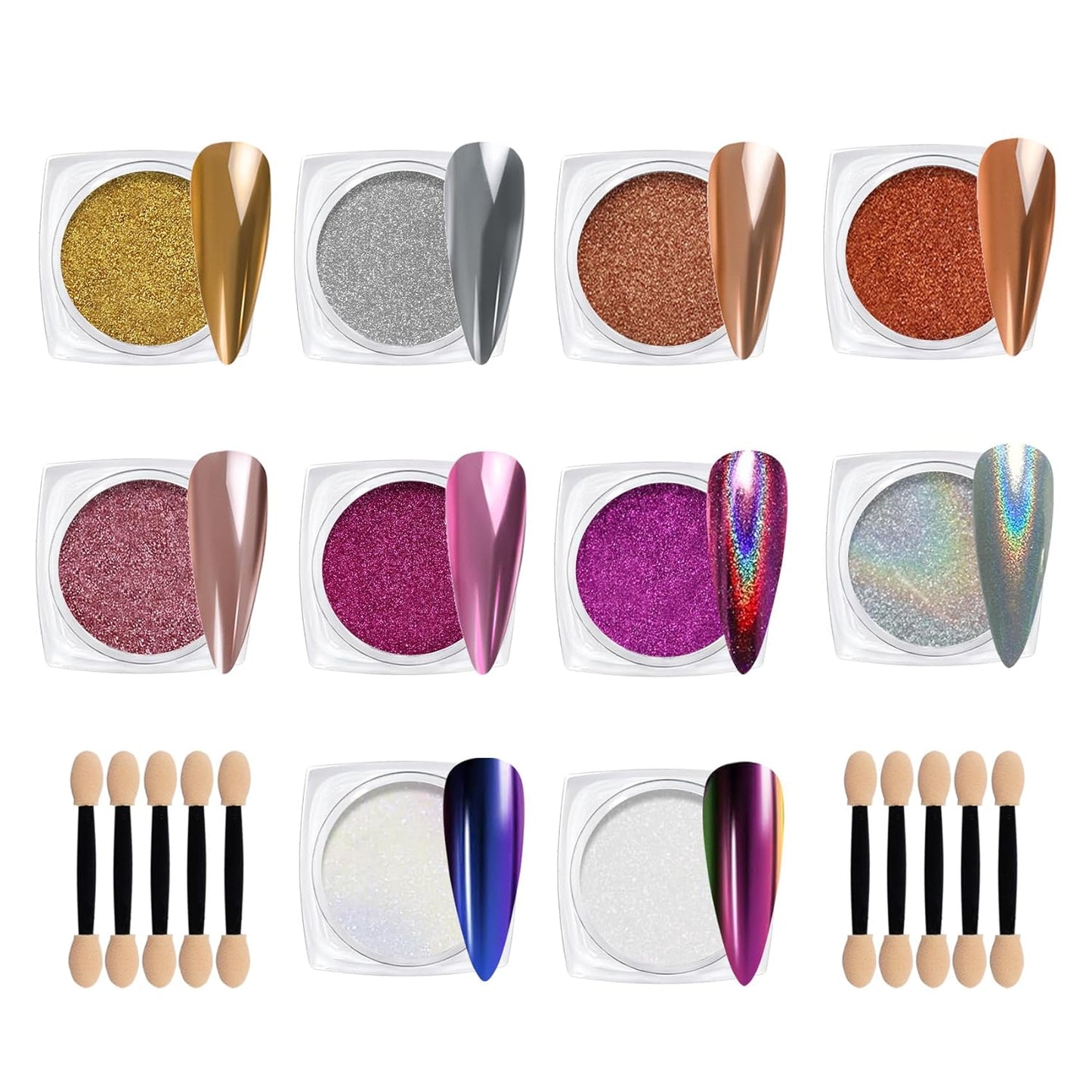 Chrome Nail Powder Kit: 10 Jars 8 Colors Metallic Mirror Effect 2 Colors Holographic Aurora Chameleon Nail Art - 1g/Jar Silver Pink Gold Purple Chrome Powder for Nails
