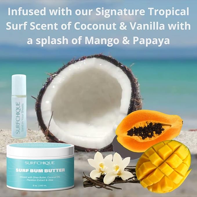 Surf Bum Whipped Moisturizing Body Butter with Light Tropical Scent of Coconut, Vanilla, Mango, & Papaya (8 oz)
