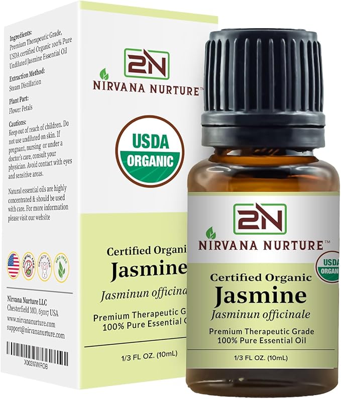 Jasmine Essential Oil USDA Certified Organic 100% Pure Premium Therapeutic Grade, Undiluted - Aromatherapy Diffuser for Calm and Relaxation, Skin Care, Hair Care