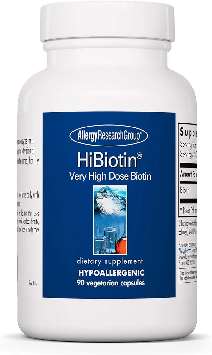 Allergy Research Group HiBiotin Supplement - Extra Strength Biotin Pills, 100,000mcg Biotin, High Dose Biotin, Vegetarian Capsules, Hypoallergenic, Gluten Free - 90 Count