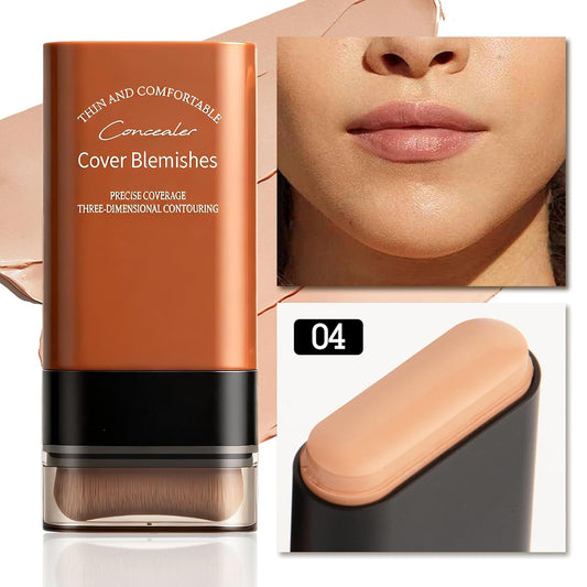 Face Foundation Concealer Stick,2-in-1 Long-wear Lightweight Contour Brighten Stick Blemish with Brush, Waterproof, Hydrating Full Coverage Dark Circles & Blemishes(4# Wheat Color)