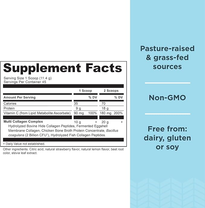 Ancient Nutrition Hydrolyzed Collagen Peptides Powder with Probiotics, Strawberry Lemonade Multi Collagen Protein for Women and Men with Vitamin C, 45 Servings, Supports Skin and Nails, Gut Health, 18